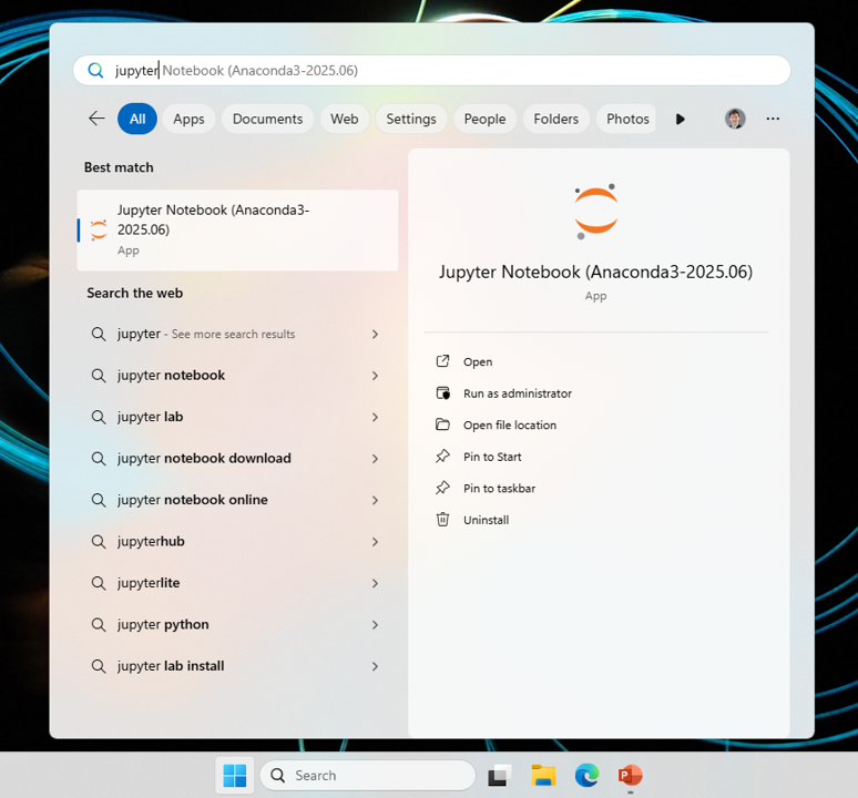 Windows Start menu showing Jupyter Notebook search results