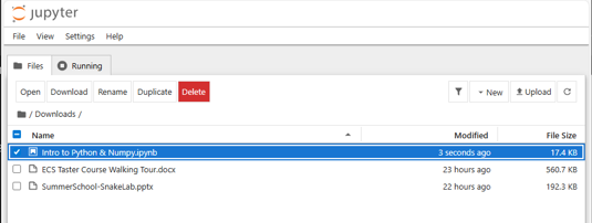 Jupyter file browser showing .ipynb files available for selection
